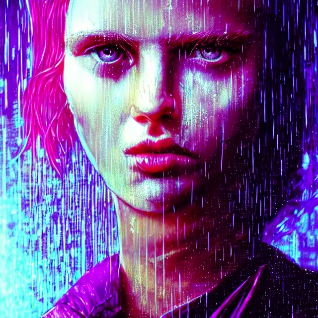 Image similar to bright aesthetic portrait LSD glowing backlit rain on face and wet hair, cyberpunk, overhead lighting, fantasy, intricate, elegant, dramatic lighting, highly detailed, lifelike, photorealistic, digital painting, artstation, illustration, concept art, smooth, sharp focus, art by John Collier and Albert Aublet and Krenz Cushart and Artem Demura and Alphonse Mucha