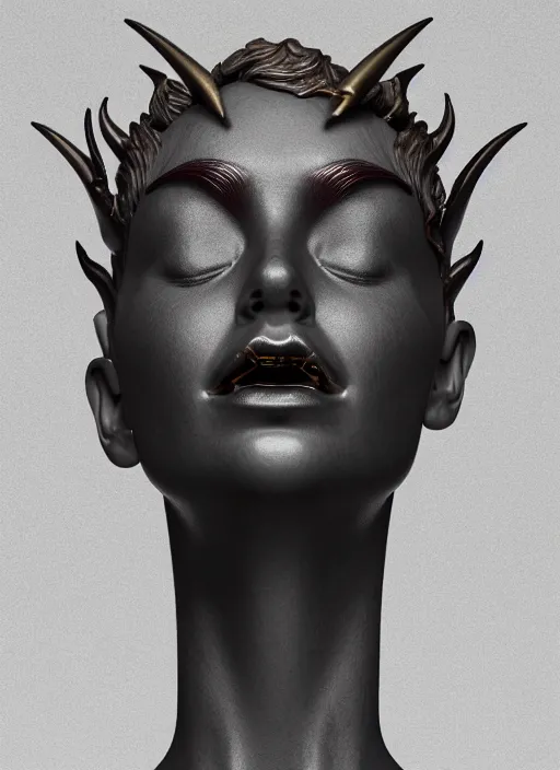 Prompt: a statue made of a gorgeous devil woman, made of black marble with gold veins, perfect symmetrical face, no eyes, hyper realistic, hyper detailed, fujicolor superia photo, by johannen voss, by peter kemp, by monia merlo, by michelangelo, octane render, blender, 8 k