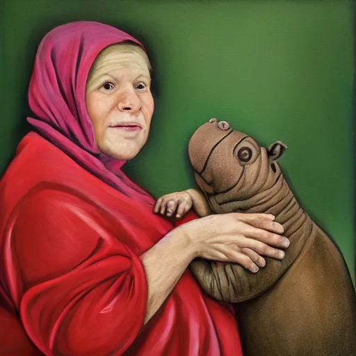 Prompt: portrait of a babushka with pet miniature hippopotamus