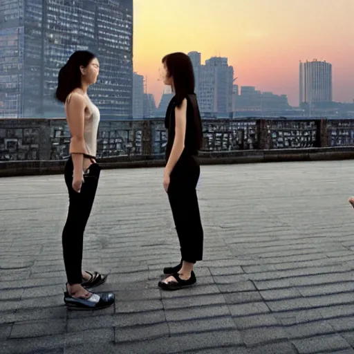 Image similar to a small rooftop with a couple of modern teenagers, standing and talking to each other, wearing black modern clothes, modern shanghai bund is on the background, sunset, by gregory crewdson, by hajime sorayama