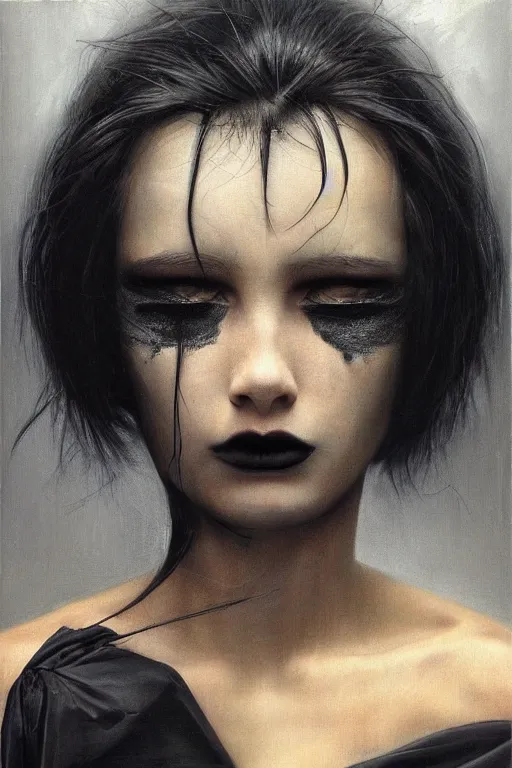 Prompt: hyperrealism oil painting, portrait fashion model, face is bound with a black cloth, sad eyes, dark background, in style of classicism mixed with 8 0 s japanese sci - fi books art