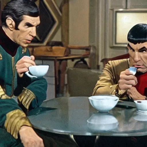 Prompt: photo of mr spock drinking coffee with a klingon, cinematic, movie still