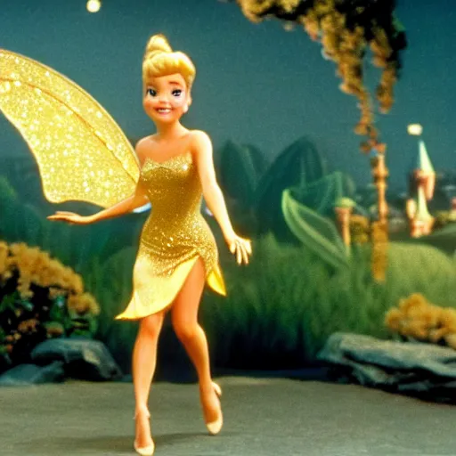 Prompt: tinkerbell landing on a hand, golden dress, disney movie ( 1 9 8 9 )