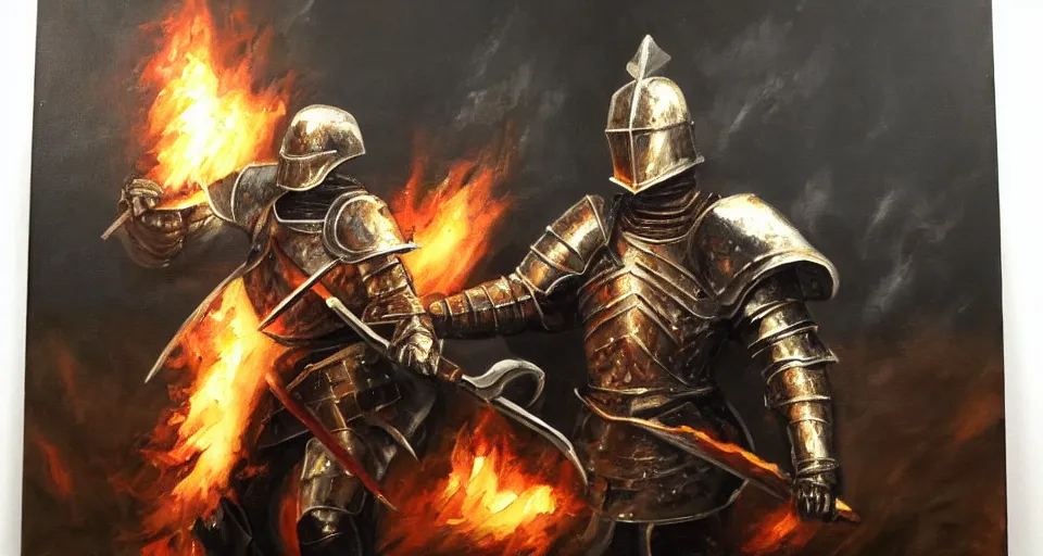 Image similar to An oil painting of a knight in dark metal armor wielding a flaming sword