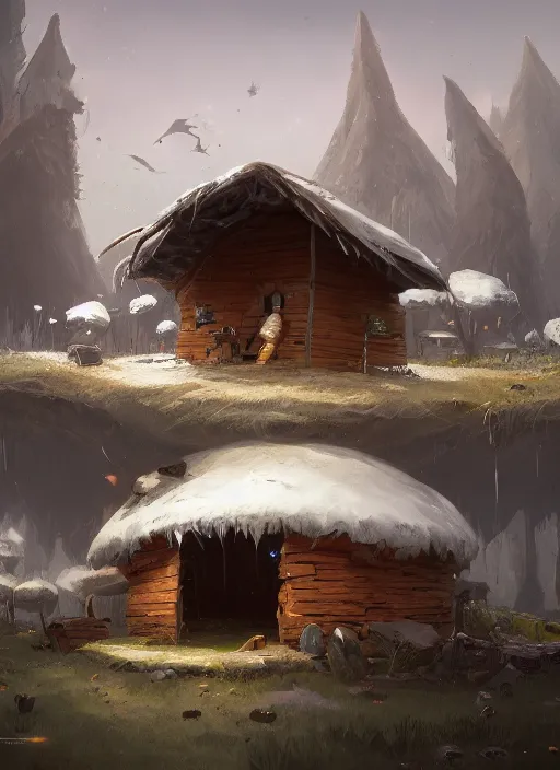 Image similar to hut with big legs, greg rutkowski, zabrocki, karlkka, jayison devadas, trending on artstation, 8 k, ultra wide angle, zenith view, pincushion lens effect