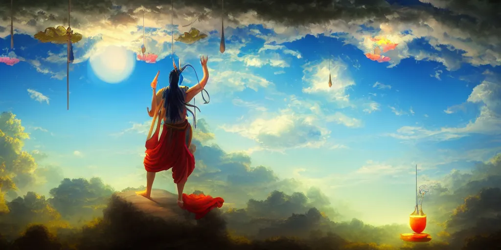 Image similar to painting of wind god enjoying the view from his stone heavenly palace, decorated with windchimes and paper lanterns, nature and clouds in background, digital art, trending on artstation