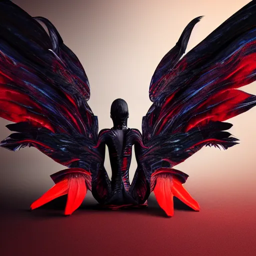 Image similar to dark shadow abstract humanoid with wings and red eyes high quality highly detailed photo realistic 8 k