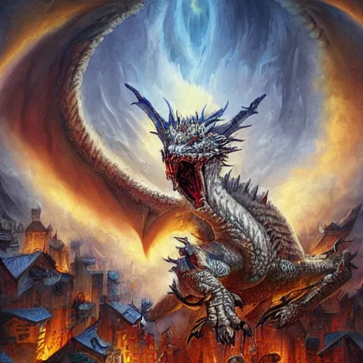 Image similar to the head of an evil white dragon attacking a village, by Tony Sart, detailed, realistic, masterpiece, symmetrical