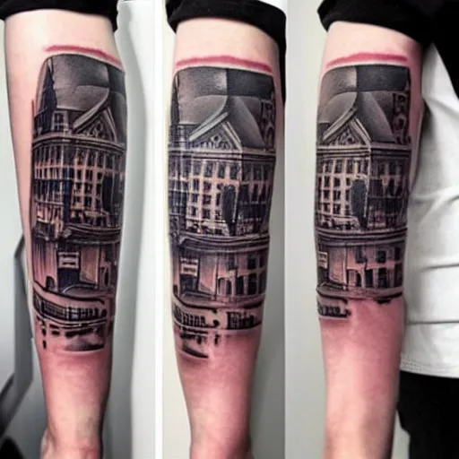 Prompt: dark urban architecture tattoo, tattoo on upper arm