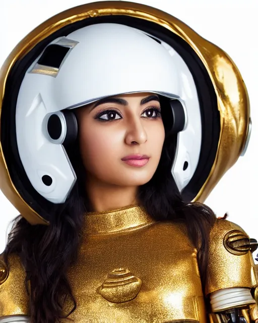 Image similar to centered medium shot fine studio photograph of a beautiful persian girl wearing a mecha electronic helmet with led lights and persian golden ornaments, ultra-realistic, white background, 8k HDR morning light, intricate detail