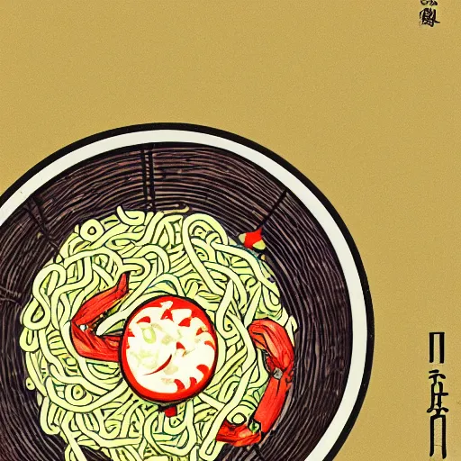 Prompt: illustration of noodles bowl with shrimps on makisu in traditional japan style, by makoto shinkai and takashi takeuchi