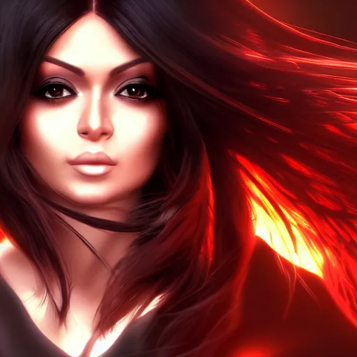 Image similar to portait of haifa wehbe, long hair centred, hd, very detailed curve, unreal engine, mikasa ackerman style, amazing background, rending artstation