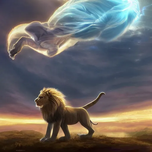 Image similar to the ancient world, hyper complexity, highly detailed, cinematic lighting, pastel colored sunrise, flying robotic cat with gold metal huge wings on its back in the cloudy sky, sharp outlines, complete whole lion body, another sleeping cat face in the clouds watching each other, hyperrealistic, trending on pixiv fanbox, love death robot,