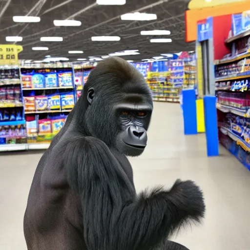 Prompt: photo of gorilla in walmart, cell phone camera, zoom,