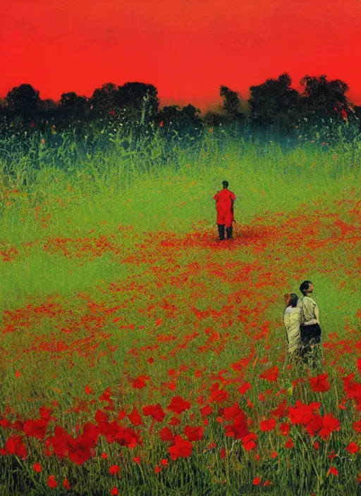 Prompt: two people in a field of red flowers and the world crushing around them, red sky, surreal, vivid colors, painting by Alexander Mandradjiev, part by Yoji Shinkawa, part by Norman Rockwell