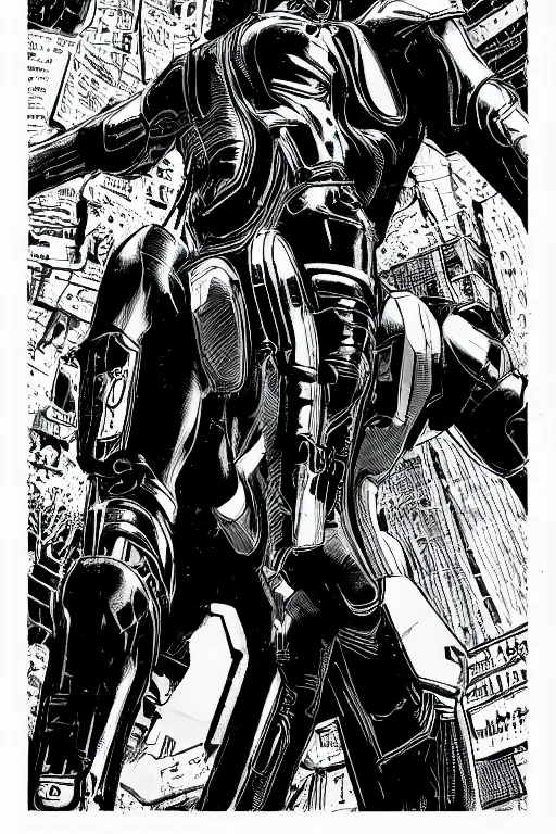 Image similar to ultron, a page from cyberpunk 2 0 2 0, style of paolo parente, style of mike jackson, 1 9 9 0 s comic book style, white background, ink drawing, black and white