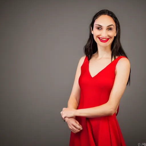 Prompt: Stunning studio photograph of Gal Godot in a red dress smiling slightly for the camera, XF IQ4, f/1.4, ISO 200, 1/160s, 8K, RAW, unedited, symmetrical balance, in-frame, sharpened