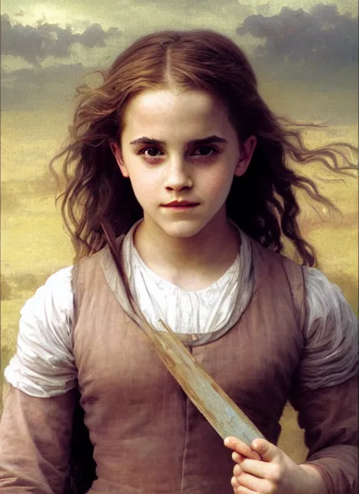 Prompt: painting. [ young ] emma watson as hermione granger 2 0 0 4. prisoner of azkaban. cheerful. happy. smiling. art by william adolphe bouguereau. during golden hour. extremely detailed. beautiful. 4 k. award winning.