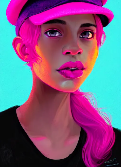 Image similar to portrait of teenage vanessa morgan with bright pink hair, black girl, curly pixie cut hair, wearing newsboy cap, pink short haircut, newsboy cap, hoop earrings, blue eyes, intricate, elegant, glowing lights, highly detailed, digital painting, artstation, concept art, smooth, sharp focus, illustration, art by wlop, mars ravelo and greg rutkowski