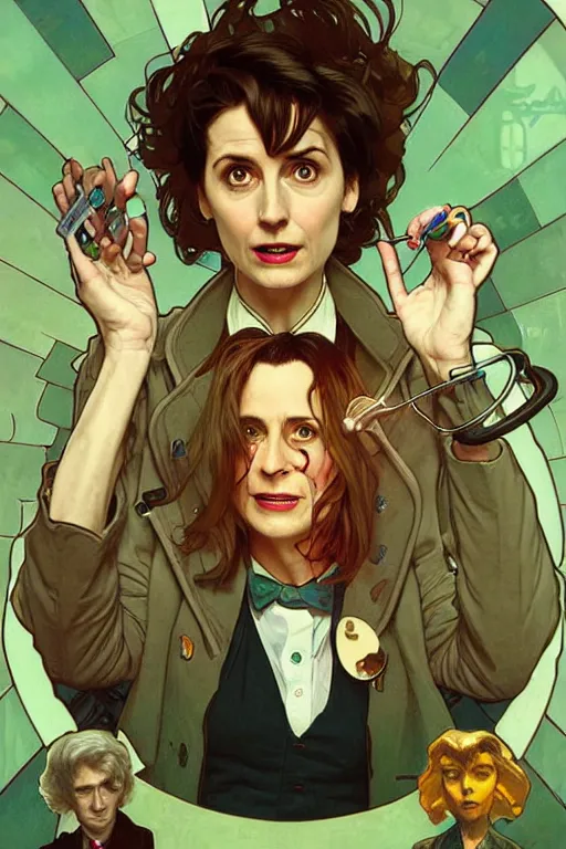 Prompt: doctor who, woman, as a mad dentist, on a plain green background, art by artgerm and greg rutkowski and alphonse mucha