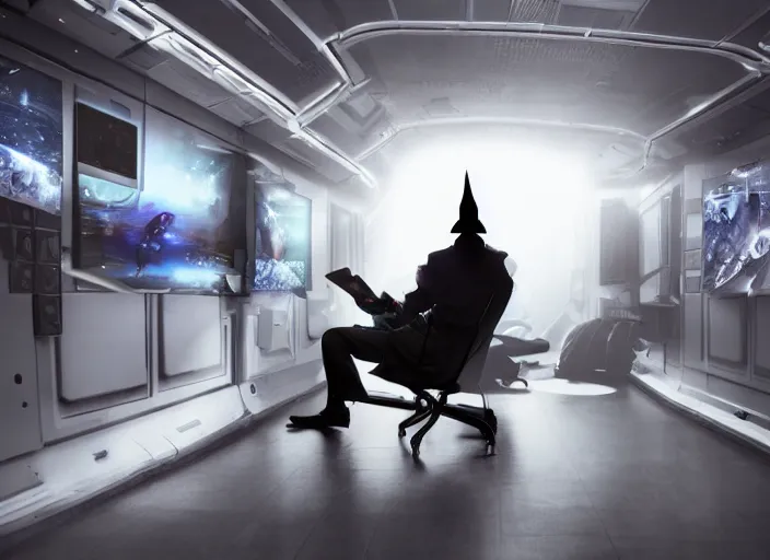 Prompt: a man sitting on a chair with things attached to his head, screens and monitors in front of him playing videos, ship interior, narrow hallway, scifi colors, dramatic lighting, dark, spotlight, surreal, by rutkowski, fuji choko, hoang lap