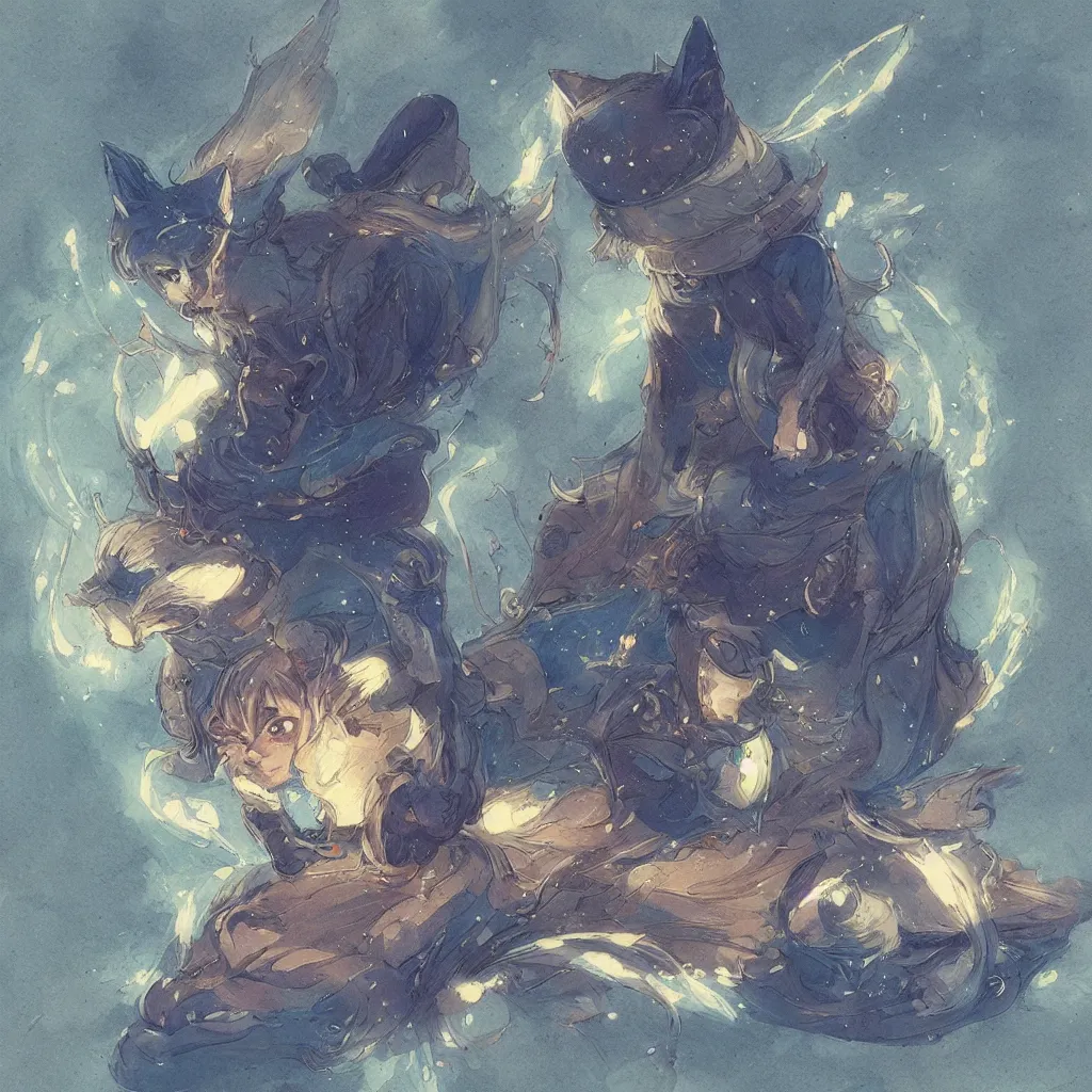 Image similar to anime cat with cloak laying on a magical wood carved chair, super powers, glowing tiny blue lines, concept art, by greg rutkowski, overdetailed art