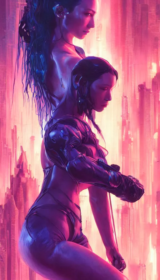 Prompt: altered carbon, young bella hadid, sweaty, tech, warhammer, neon, lord of the rings, intricate, highly detailed, digital painting, artstation, concept art, smooth, sharp focus, illustration, unreal engine 5, 8 k, art by artgerm and greg rutkowski and alphonse mucha