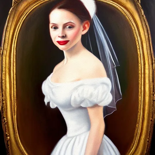 Prompt: oil painted portrait of a rat wearing a white wedding dress, timeless masterpiece, classic, detailed, sharp, clear, 4 k, 8 k