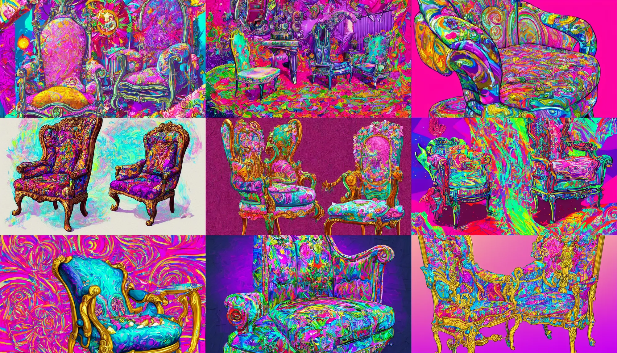 Prompt: maximalist chair, highly detailed, digital painting, artstation, concept art, sharp focus, illustration, by lisa frank