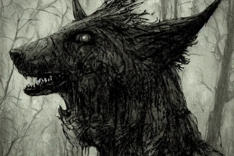 Image similar to mad creepy hellhound watching us in forest artwork by ben templesmith