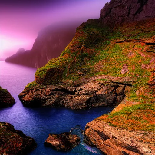 Prompt: cliff landscape with violet water, 8 k, moody, intense color, fog, sunset light, highly detailed, dream landscape, wide, high color saturation,