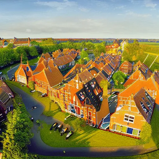 Prompt: a sun - bathed village center in the netherlands, 2 0 0 8, detailed, wideshot, photorealistic, blue - yellow sky