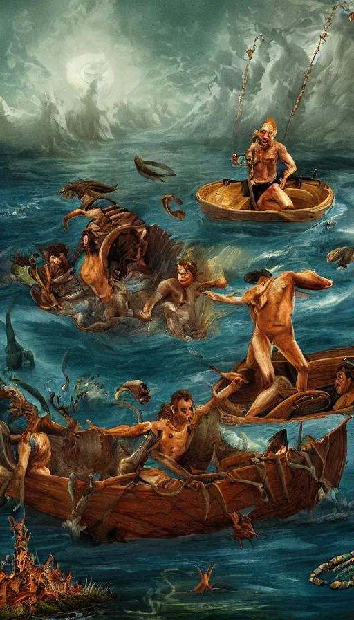 Image similar to man on boat crossing a body of water in hell with creatures in the water, sea of souls, by studio 4 c