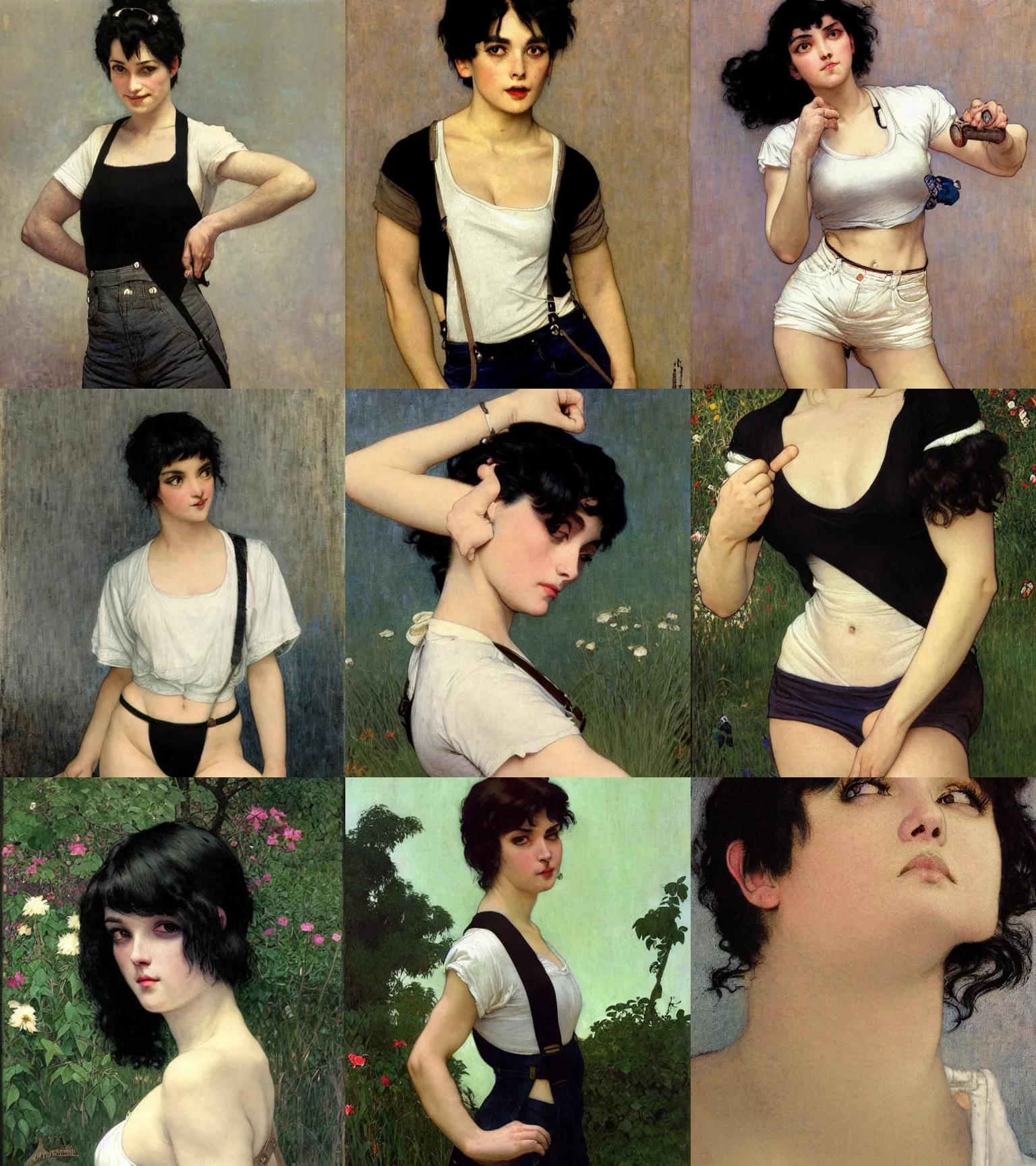 Prompt: a woman with black hair and long pixie haircut in shorts with suspenders and white t-shirt drawn by Alexandre Cabanel, norman rockwell, juan gimenez, maler collier, frank frazetta, alphonse mucha, gustav klimt 4k, unreal 5, DAZ, french noveau, trending on artstation, octane render, hyperrealistic