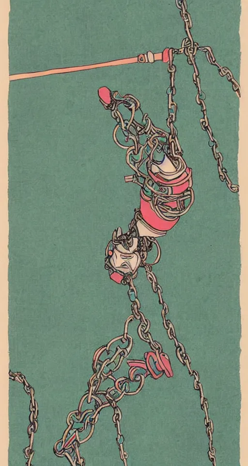 Image similar to a robot hanging by his feet in chains upside down peacefully, beautiful coloured Japanese ink painting inspired by the hanged man tarot card, soft lines