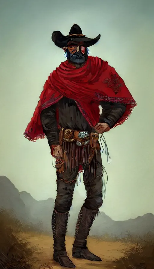 Image similar to ferocious bandido leader full body portrait, forajido cowboy, stern look, late xix century red and carmesi gaucho style, ornate poncho, steppe background, highly detailed, digital painting, character design, artstation, concept art, art by Artgerm, Greg Rutkowski, Craig Mullins, Stanley Artgerm Lau, WLOP, Ross tran, James Jean, red dead redemption, magic the gathering, digital art - W 640