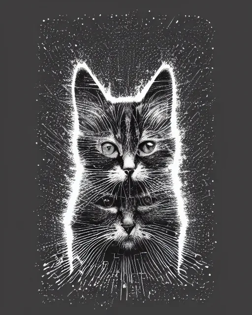 Prompt: highly detailed high resolution stacked plot of radio emissions from a pulsar, constructing a fluffy cat isolated on black, silk screen t-shirt design 4K