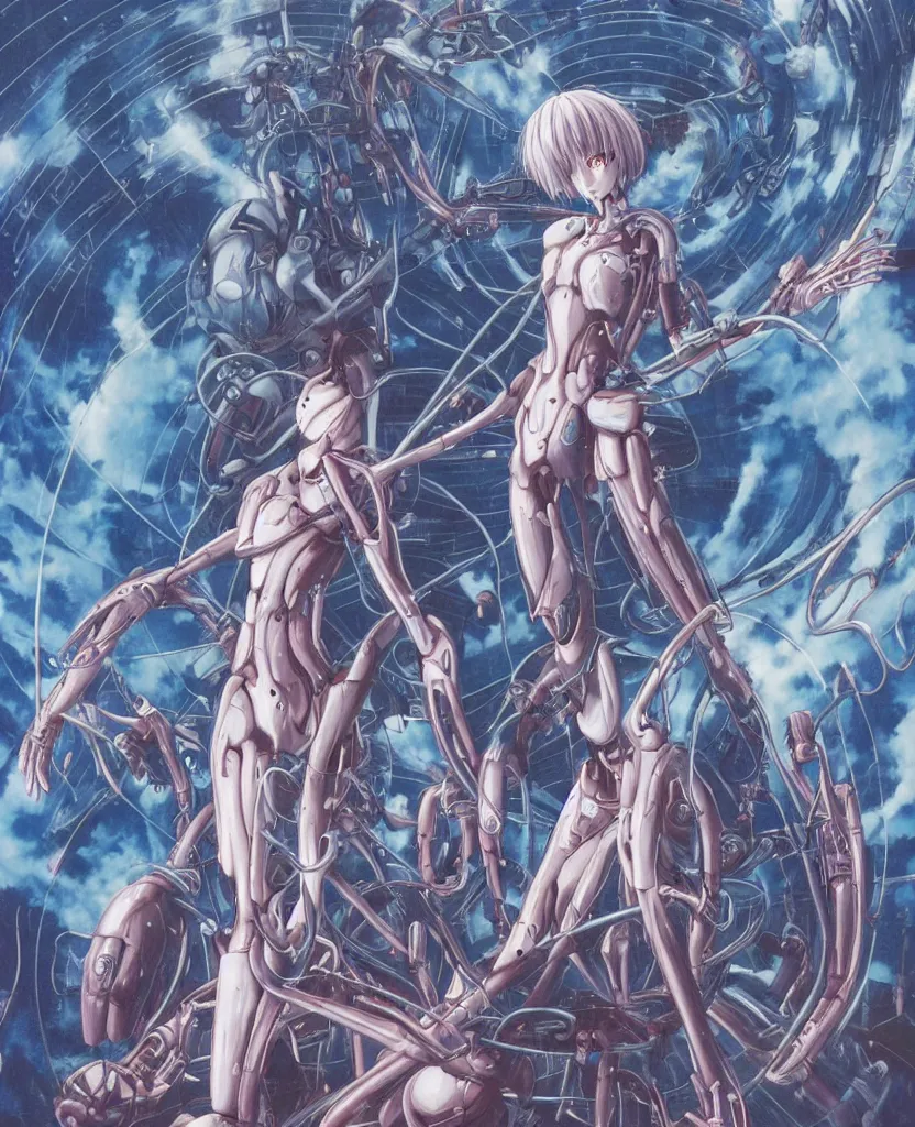 Image similar to female anime character rei ayanami cyborg in the center giygas epcotinside a space station eye of providence beksinski finnian vivid hr giger to eye hellscape mind character environmental