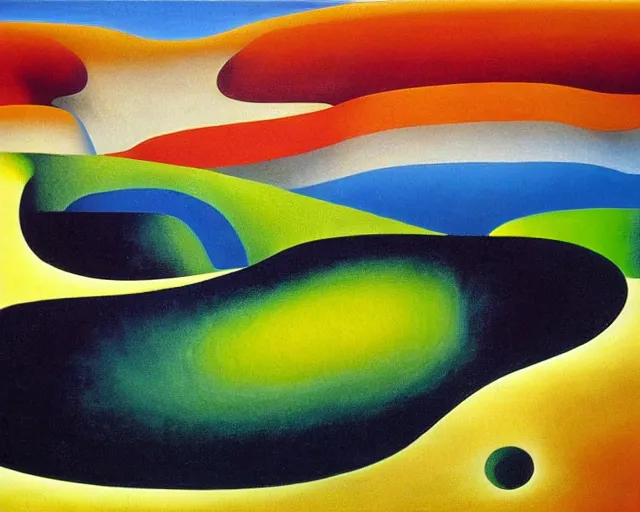 Prompt: An insane, modernist landscape painting. Wild energy patterns rippling in all directions. Curves, organic, zig-zags. Saturated color. Mountains. Clouds. Rushing water. Georgia O'Keeffe. Dali.