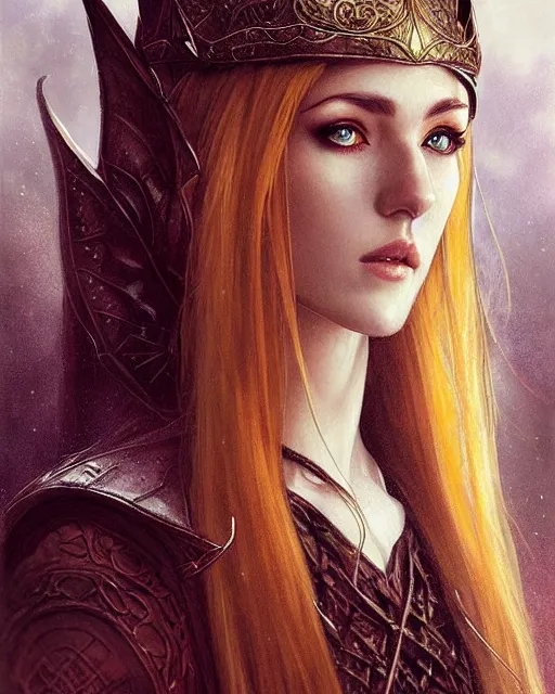 Image similar to portrait of katherine mcnamara elven mage, dark, piercing eyes, gentle expression, elegant clothing, photorealistic, highly detailed, artstation, smooth, sharp focus, art by michael whelan, artgerm, greg rutkowski and alphonse mucha