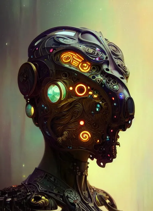 Image similar to organic cyborg, neon bear mask, diffuse lighting, fantasy, intricate, elegant, highly detailed, lifelike, photorealistic, digital painting, artstation, illustration, concept art, smooth, sharp focus, art by John Collier and Albert Aublet and Krenz Cushart and Artem Demura and Alphonse Mucha