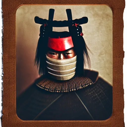 Image similar to a potrait of a samurai warrior taken in 1 6 3 0, in a circle, kodak 4 0 0, nft style, facing sideways, wearing an oni mask, grain, scretch, high quality, 8 k, photorealistic, real, old photo style