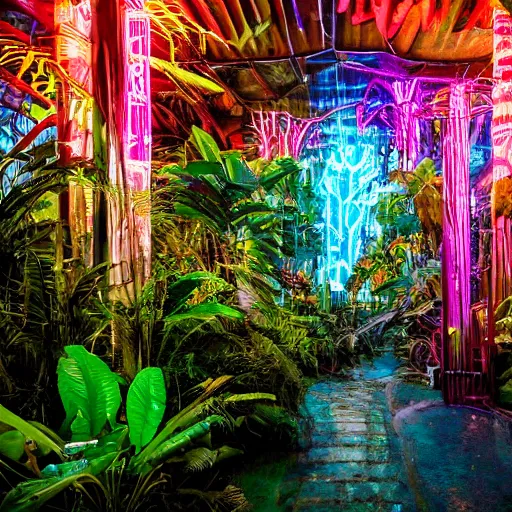 Image similar to a rainforest filled with ancient magical technology and neon lights,