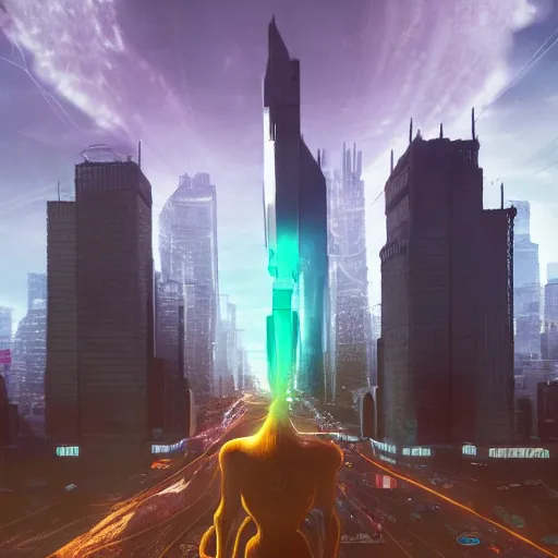 Prompt: a massive humanoid alien stomping about a metropolitan city, beeple