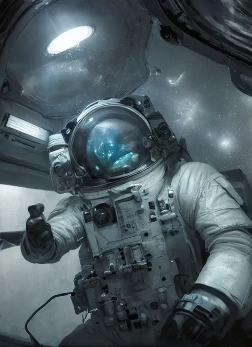 Image similar to concept art by craig mullins astronaut in futuristic dark and empty spaceship underwater. infrared glowing lights. complex and hyperdetailed technical suit. reflection and dispersion materials. rays and dispersion of light. volumetric light. 5 0 mm, f / 3 2. noise film photo. flash photography. unreal engine 4, octane render. interstellar movie art