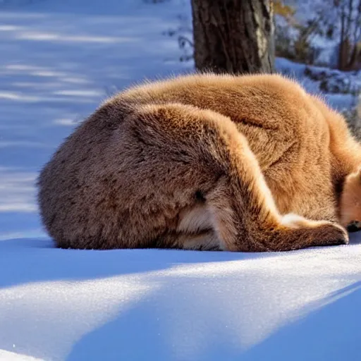 Image similar to fullbody photo still of sleepy fat chubby caracal, lying sleeping on snowy ice, big stomach, fullbody, sunny winter day