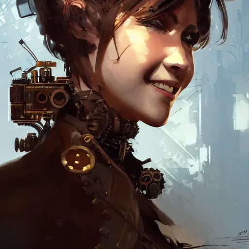 Image similar to portrait of a beautiful steampunk girl with short brown hair, men's haircut, and smiling, dramatic lighting, illustration by greg rutkowski, yoji shinkawa, 4 k, digital art, concept art, trending on artstation