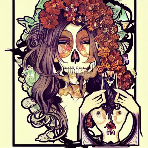 Image similar to anime manga skull portrait woman hair floral comic skeleton illustration style by Alphonse Mucha and James Jean and Sainer Etam pop art nouveau