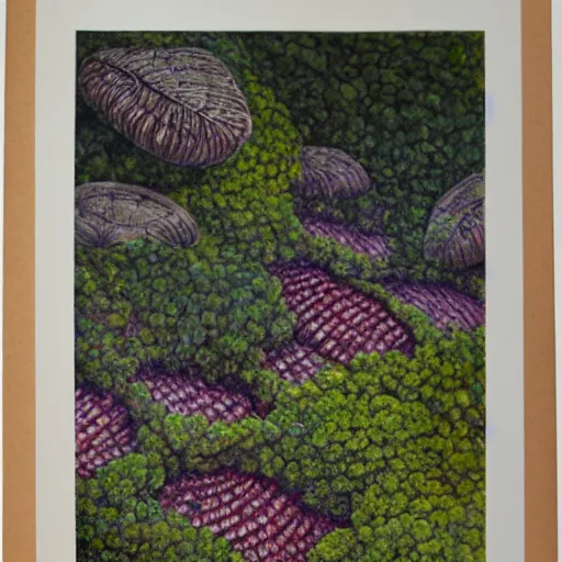 Image similar to delicate coastline mountain garden on paper, stony, puffy, botanical herbarium, botanic watercolors, iridescent, 8 k wide angle, realistic shaded, fine details, artstation, italian, rainbow, colonnade, oak, pinecone, pomegranade, vines, gardena architecture, pompeian, sicilian