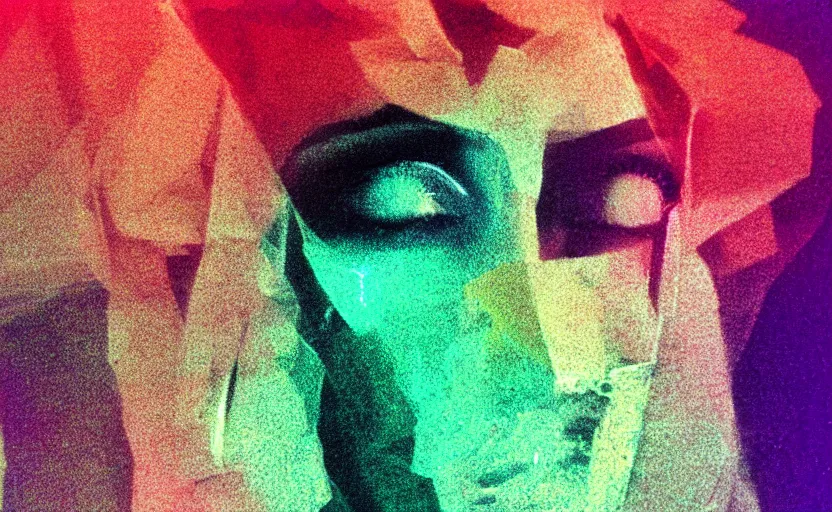 Prompt: vhs glitch art portrait of a voluptious beautiful woman body underneath a sheet, lost in static, metaphysical foggy environment, static colorful noise glitch volumetric light, by bekinski, unsettling moody vibe, vcr tape, 1 9 8 0 s analog video, vaporwave aesthetic, directed by david lynch, colorful static, datamosh, pixeled stretching